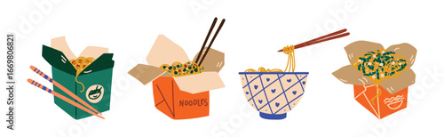 Noodles in Bowl and Cardboard Box with Chopstick Vector Set