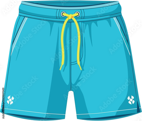 Vibrant blue swim shorts with yellow drawstring summer beachwear athletic style vector