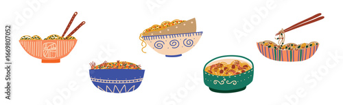 Noodles in Bowl with Chopstick Vector Set