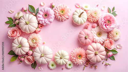 ハロウィン　パステルピンクのお花とかぼちゃのフレーム