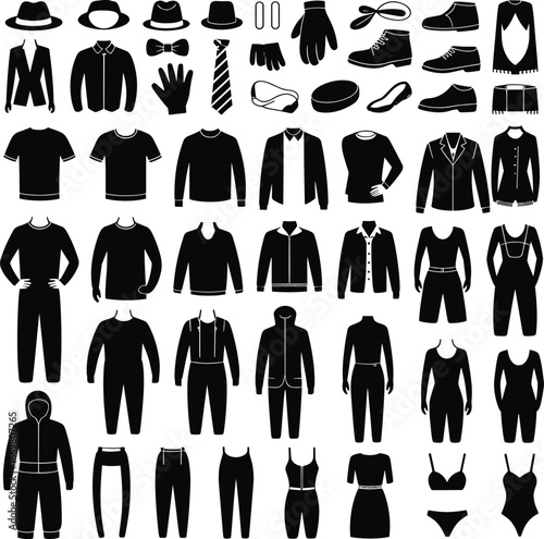 Clothing silhouette icons, fashion items vector, black apparel shapes, accessories set, outfit design elements, wardrobe symbols, isolated garments collection