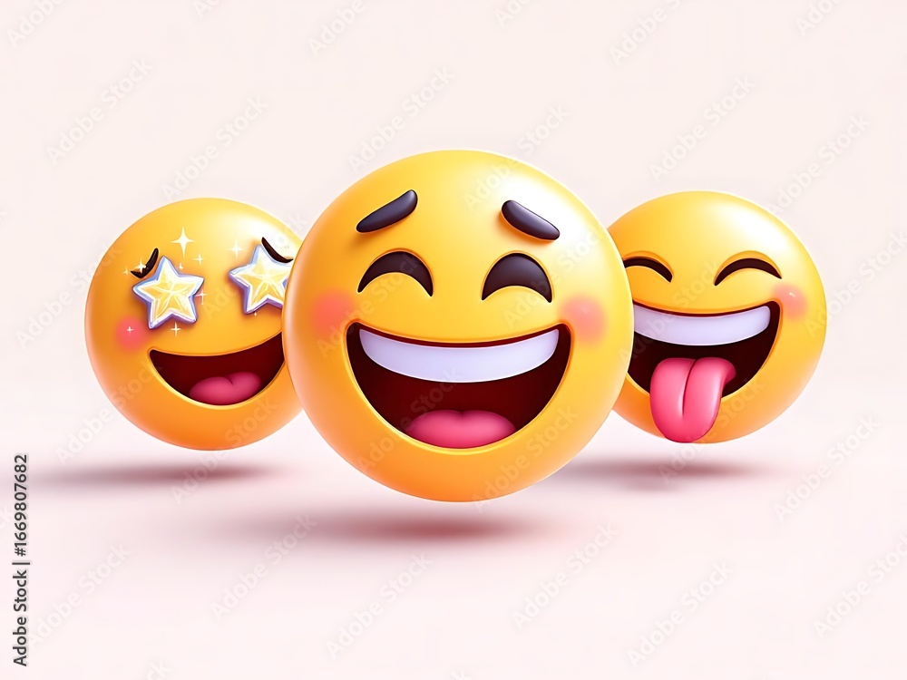 Fototapeta premium Collection of colorful 3D emoji faces showing love, joy, sadness, anger, surprise, and other emotions. Perfect for social media, chat, and digital communication designs