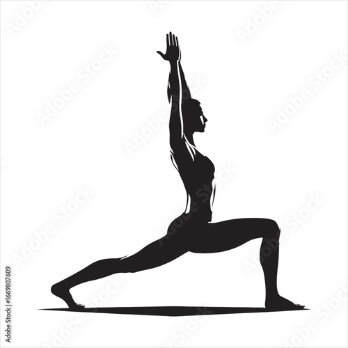 Clean black vector silhouette of Tadasana yoga pose with strong clear outline, balanced standing girl, simple minimal design, meditation fitness wellness exercise illustration