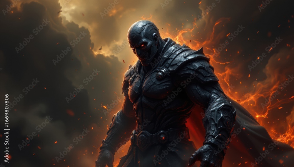 Fototapeta premium create an impactful image featuring a dark epic gaming character in the center of the position, set against a dramatic background that conveys power and mystery