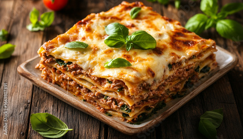 Delicious baked lasagna topped with fresh basil