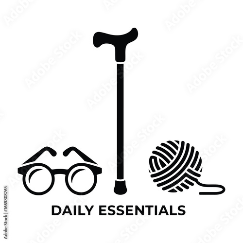 Collection of senior daily living aids cane glasses yarn representing everyday life