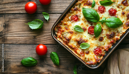 Delicious baked lasagna topped with fresh basil