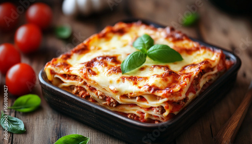 Delicious baked lasagna topped with fresh basil