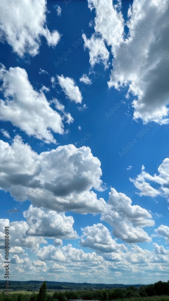 Obraz premium Vibrant blue sky with fluffy white clouds over a picturesque landscape
