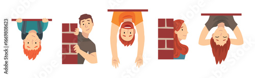 People Peeking and Looking from Brick Wall Vector Set