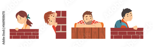 People Peeking and Looking from Brick Wall Vector Set