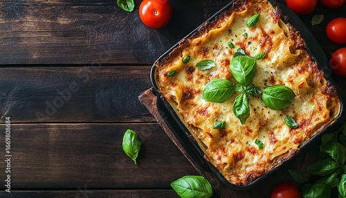 Delicious baked lasagna topped with fresh basil