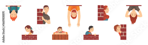 People Peeking and Looking from Brick Wall Vector Set