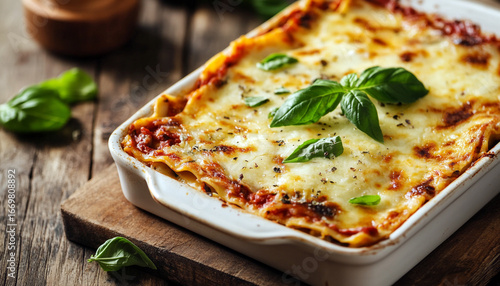 Delicious baked lasagna topped with fresh basil