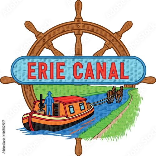 Erie canal boat adventure steering wheel nautical vintage illustration vector
