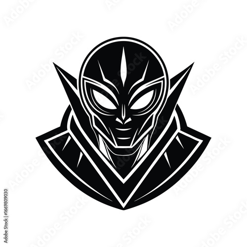 Striking black and white illustration of an alien warrior s head and shoulders