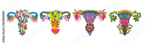 Healthy Female Reproductive System with Bright Flowers and Plant Vector Set