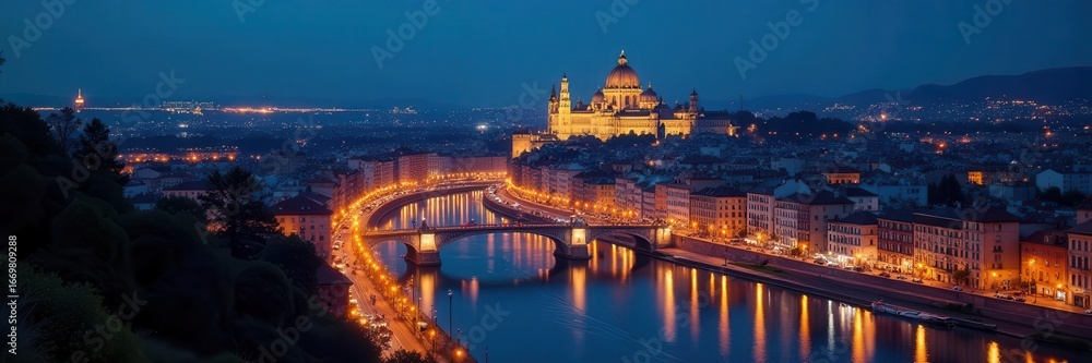 Obraz premium Vast panorama of glittering European city at night , European, scenic