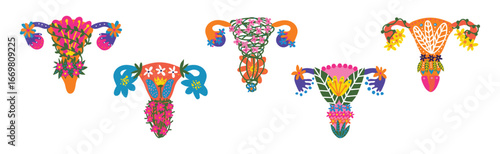 Healthy Female Reproductive System with Bright Flowers and Plant Vector Set