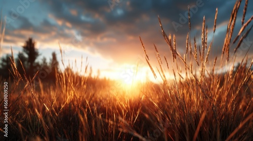 Golden grasses swaying in the wind are illuminated by the warm glow of the setting sun, creating an ethereal and tranquil scene that embodies the serene beauty of nature.