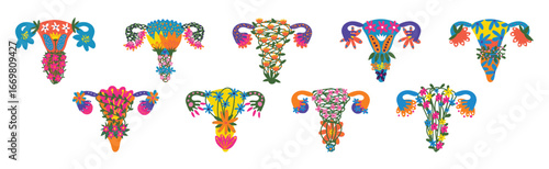Healthy Female Reproductive System with Bright Flowers and Plant Vector Set