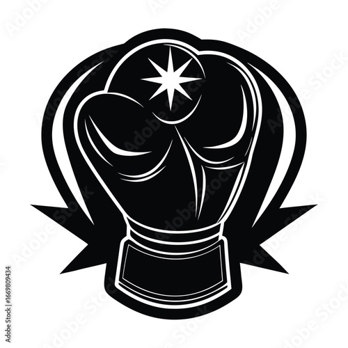 Stylized boxing glove emblem with starburst detail and ribbon banner