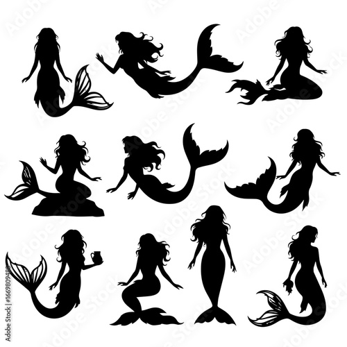 Mermaid Silhouettes Collection in Various Poses for Fantasy, Ocean, and Mythical Themed Stock