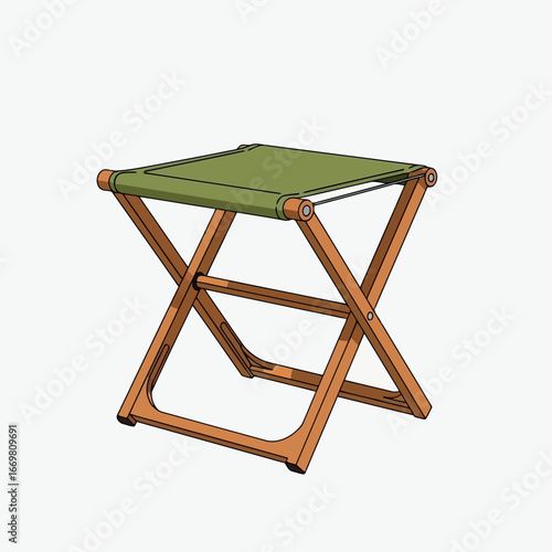 Portable folding wooden stool with green fabric seat for outdoor camping and travel vector
