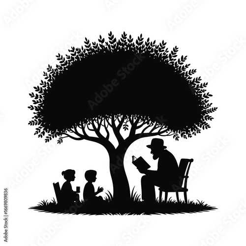 Cherished family moment grandparent reading story under spreading tree silhouette joyful childhood memories