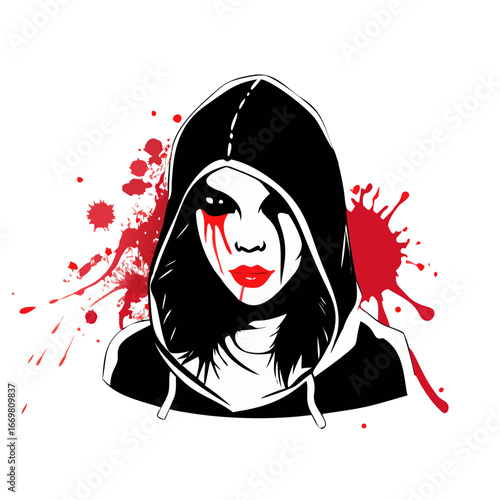 A stylized black and white illustration shows a woman in a hood, with red paint splatters near her face. This icon is intended for use on a submissions ... See More