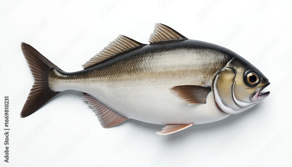 Obraz premium Silver scaled fish with dark dorsal fin and large eye aquatic seafood