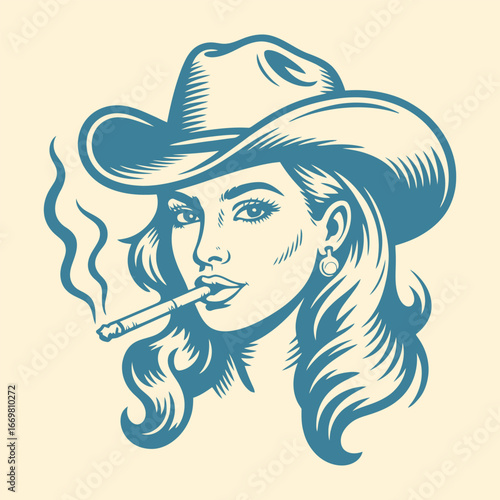 Vintage Cowgirl Woman Smoking Cigarette Illustration