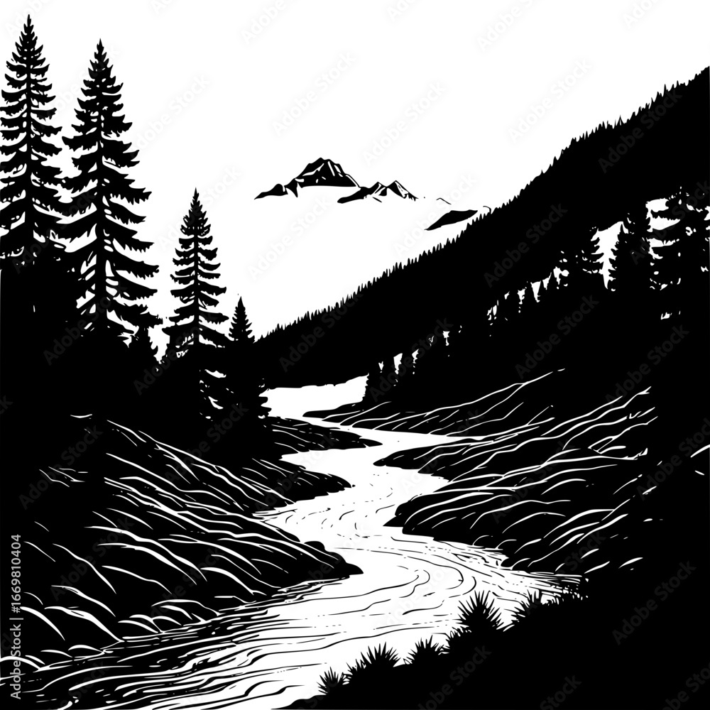 Fototapeta premium A monochrome landscape with river mountains and evergreen trees view