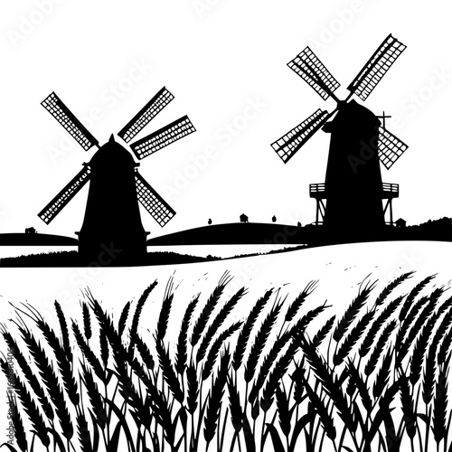 Silhouette of two windmills behind wheat field on a white background