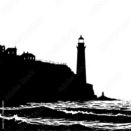 Silhouette of a lighthouse and buildings on a cliff overlooking ocean