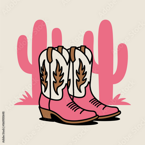 Pink Cowboy Boots with Cactus Illustration