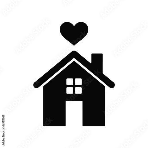 Simple black icon of a house with a heart symbol above for love and home concepts