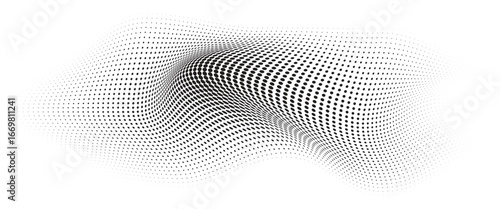 Flowing Wave Dot Halftone Pattern: Curve Gradient Shape on Transparent Background. Suitable for AI, Tech, Network, Digital, Science, and Technology Themes.