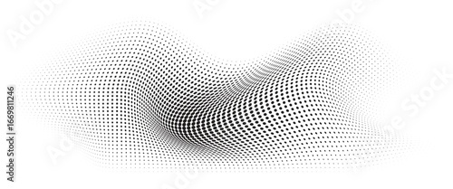 Flowing Wave Dot Halftone Pattern: Curve Gradient Shape on Transparent Background. Suitable for AI, Tech, Network, Digital, Science, and Technology Themes.