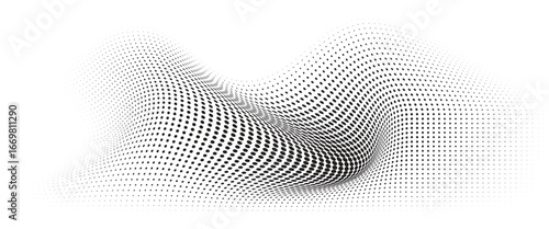 Flowing Wave Dot Halftone Pattern: Curve Gradient Shape on Transparent Background. Suitable for AI, Tech, Network, Digital, Science, and Technology Themes.