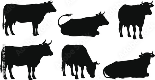 Cow silhouette vector, farm animal illustration, cattle design, livestock graphic, dairy cow clipart, agriculture concept, grazing cow, rural farming