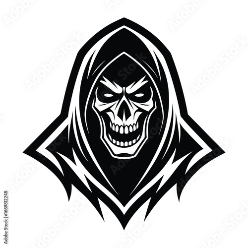 Menacing grim reaper skull with fierce eyes and open mouth