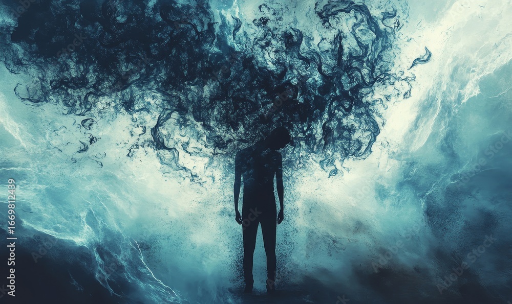 Obraz premium Illustrative concept of ADHD, featuring a confused individual surrounded by scattered, exploding thoughts. This image symbolizes the overwhelming mental chaos often experienced, Generative AI