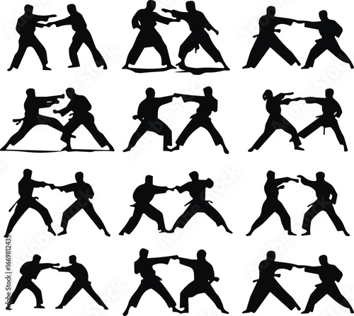 Martial arts silhouette poses, combat training sequence, self-defense techniques, sparring stances, dynamic movement, black figures, fight choreography illustration