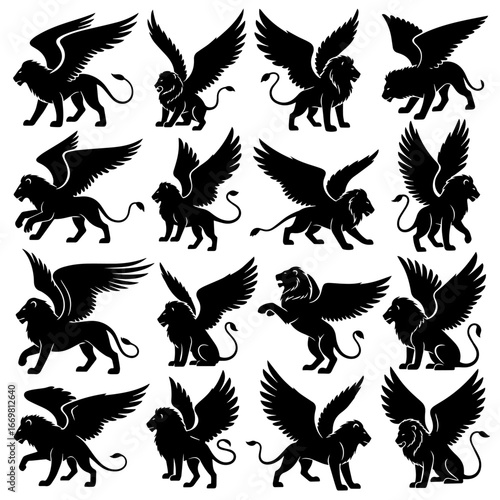 Assorted Black Griffin Silhouettes in a Grid Pattern for Fantasy, Symbolism, and Logo Design