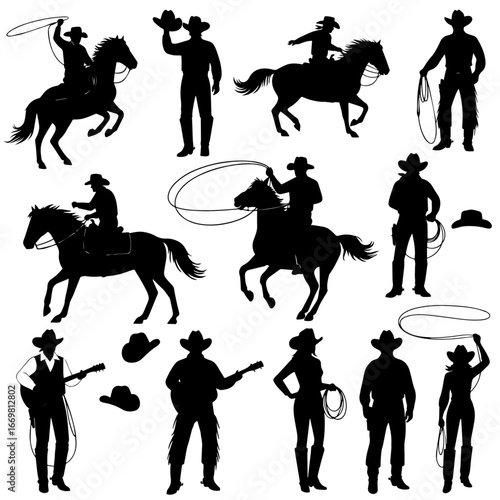 A collection of black vector silhouettes featuring a polo player and horses alongside a group of men, women, and children enjoying sport and fun in this artistic illustration