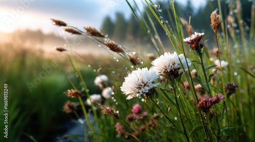 Wallpaper Mural A picturesque scene featuring dew-covered wildflowers in a misty field at sunrise, showcasing the delicate beauty and freshness of nature awakening in the morning light. Torontodigital.ca