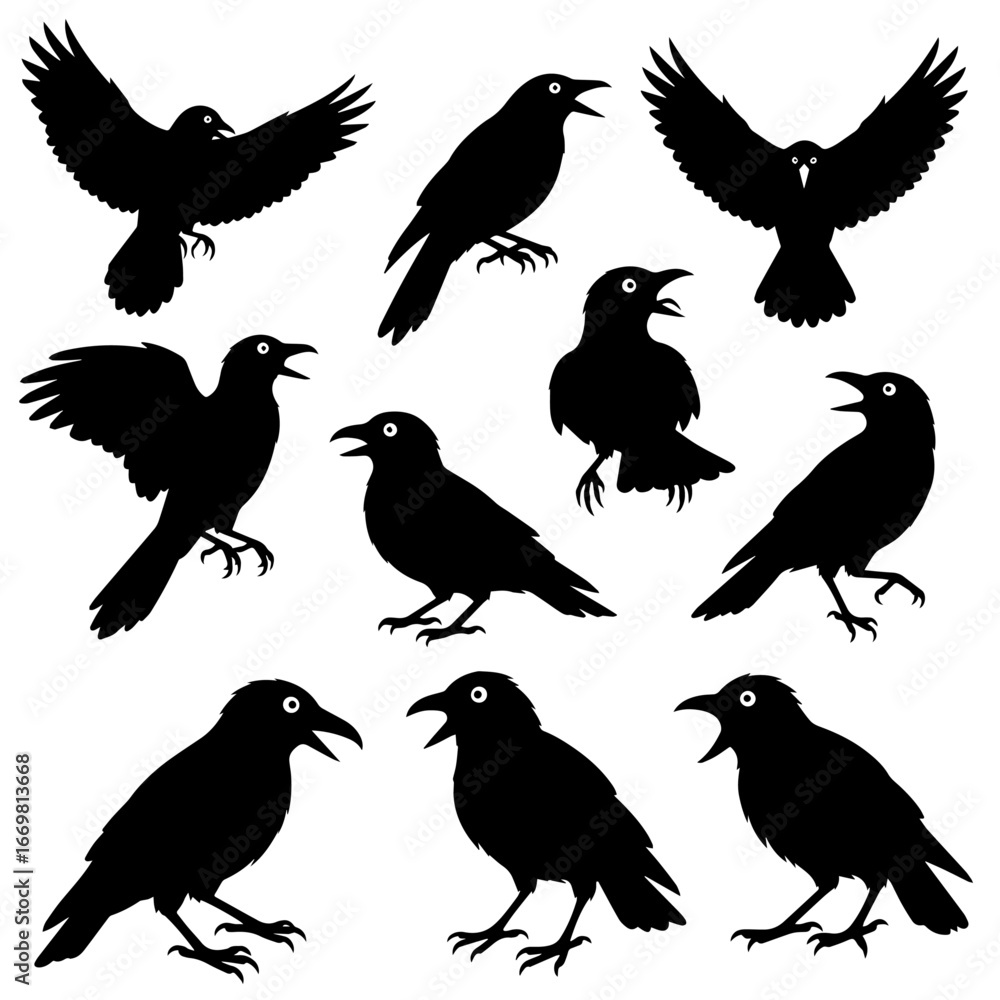 Obraz premium Black vector silhouette set of flying birds collection with dove, pigeon, and eagle illustrations