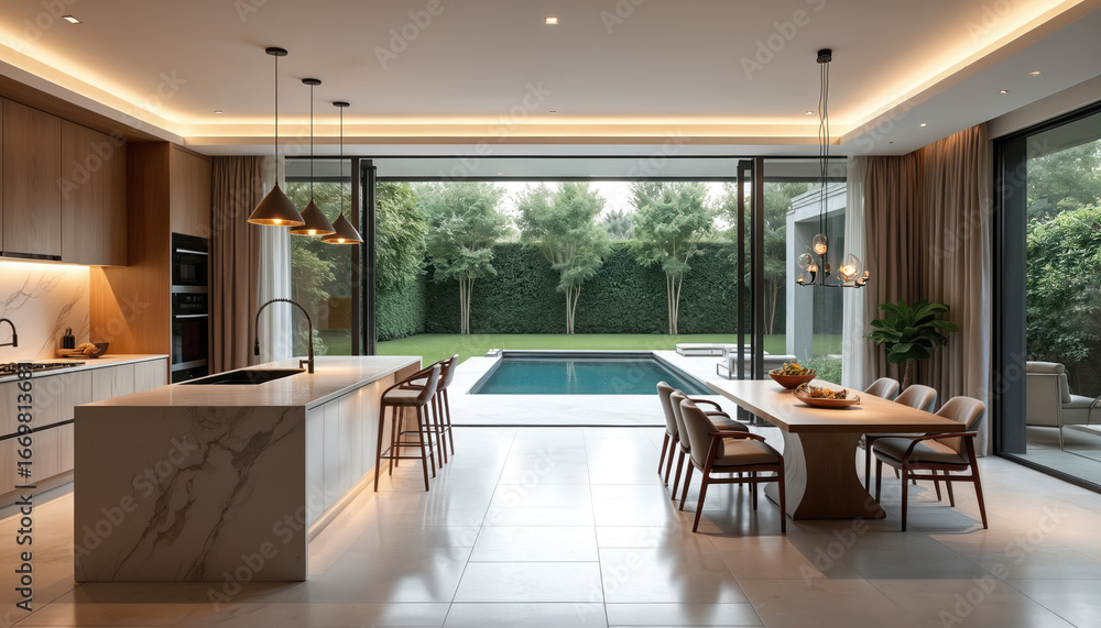 Fototapeta premium Luxury villa interior design features open-plan kitchen, living area. Modern, contemporary aesthetic with marble countertops, large island, dining space. Large windows provide bright, sunlit view of