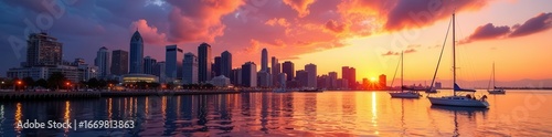 Majestic downtown San Diego backdrop to anchored sailboats at sunset , golden hour, light, bay